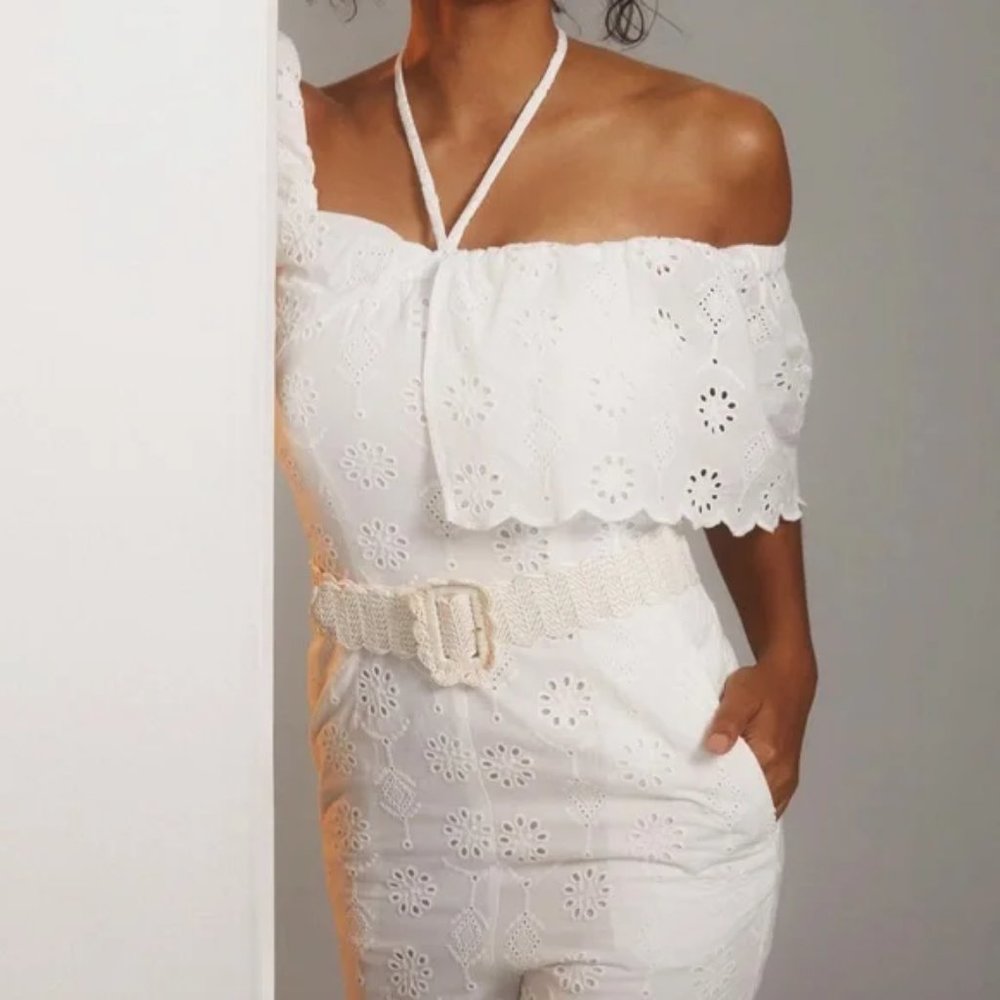 Anthropologie Maeve Athena White Eyelet Off Shoulder Scallop Jumpsuit